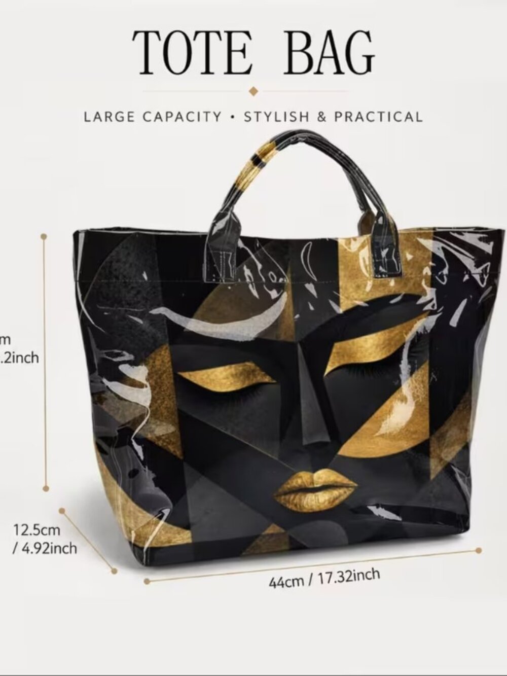Black Gold Abstract Face Tote Bag Large Shopper Shoulder Bag Art Print Handbag - Picture 9 of 9